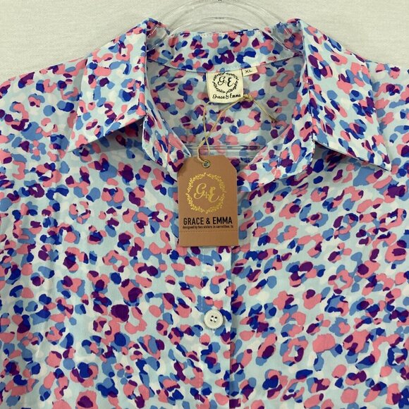 New Grace & Emma size XL Pink Blue Abstract Dot Long Sleeve Button Down - Picture 5 of 11